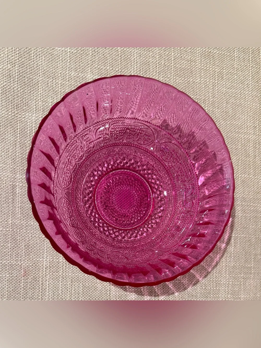 Vintage Pressed Glass Fruit Berry Bowl Cranberry Pink Scalloped Edge